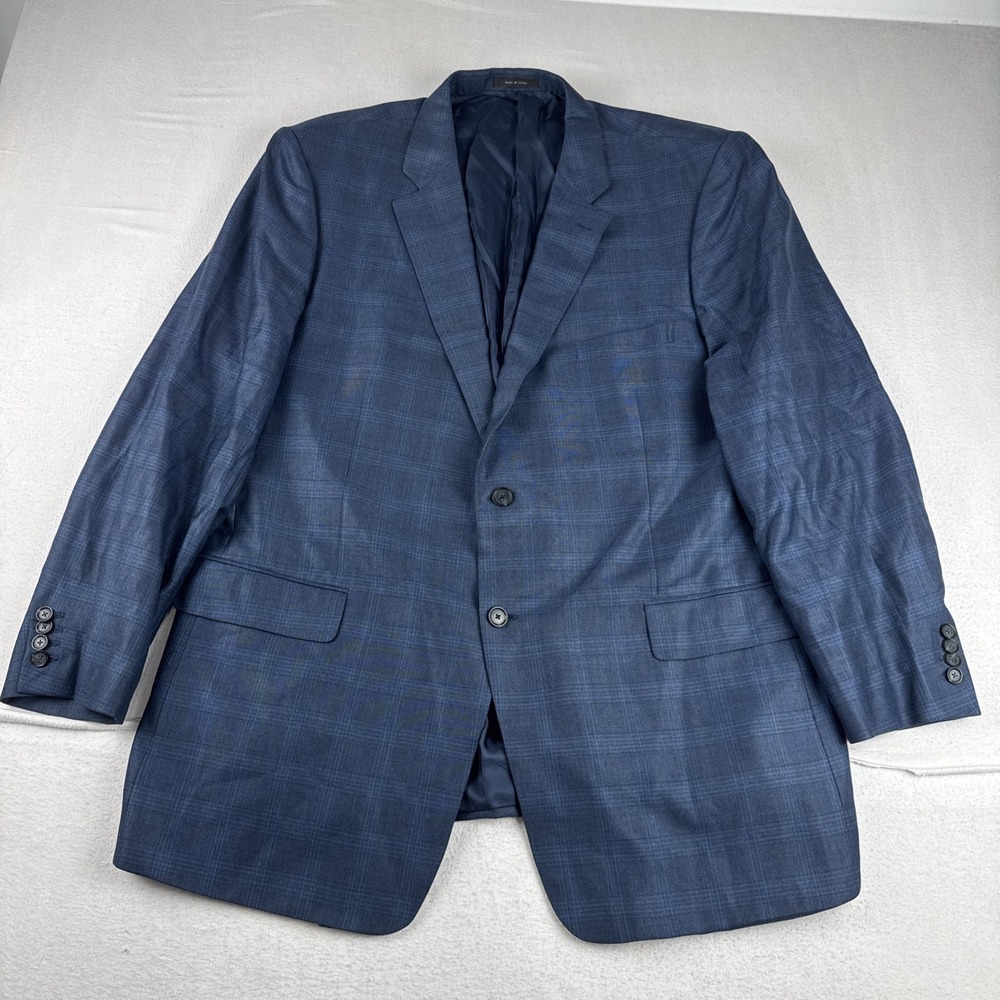 John Nordstrom Mens Navy Blue Windowpane Sport Coat 46L Wool Silk Blend
